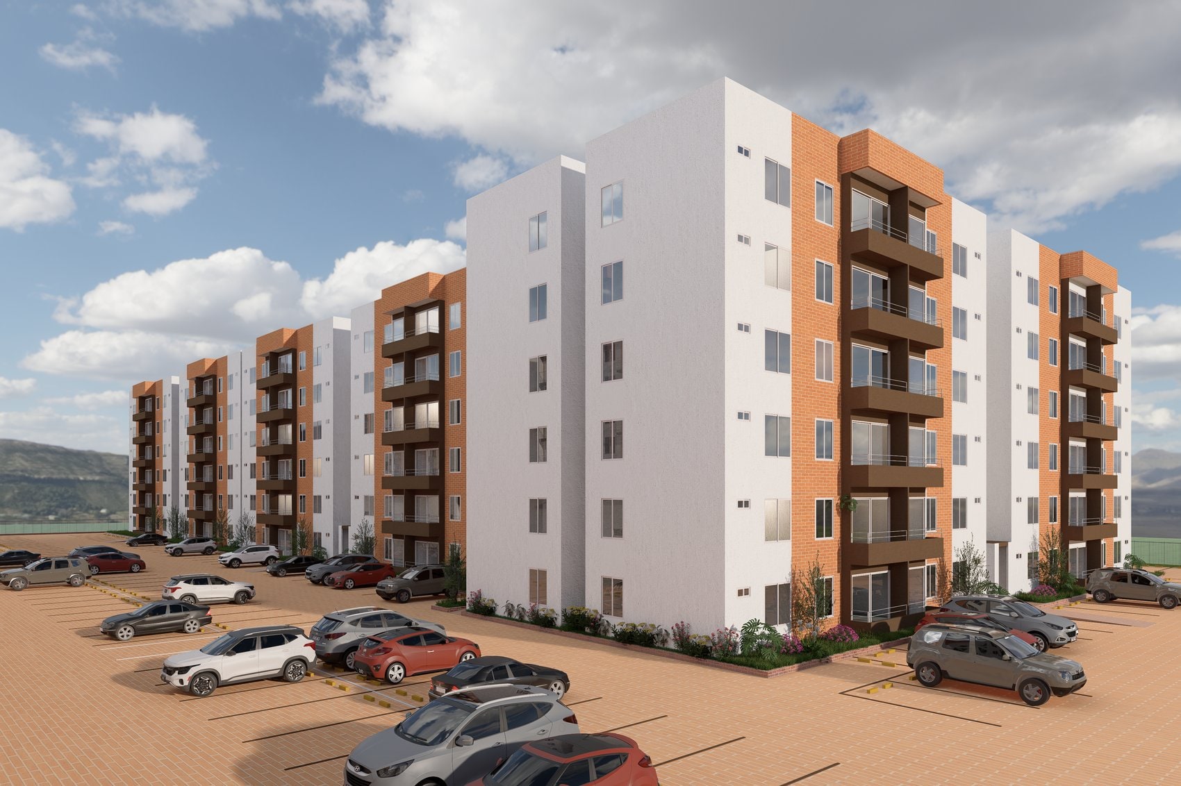 Render hiperrealista del conjunto residencial Brisas del Bosque en Cajicá